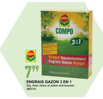 Promoties Engrais gazon 3 en 1 - Compo - Geldig van 14/03/2018 tot 20/03/2018 bij Trafic
