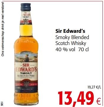 Promoties Sir edward`s smoky blended scotch whisky - Sir Edward - Geldig van 14/03/2018 tot 27/03/2018 bij Colruyt