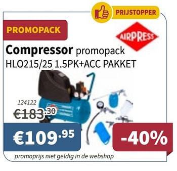 Promoties Airpress compressor promopack hlo215-25 1.5pk+acc pakket - Airpress - Geldig van 15/03/2018 tot 28/03/2018 bij Cevo Market