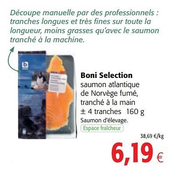 Promotions Boni selection saumon atlantique de norvège fumé, tranché à la main - Boni - Valide de 14/03/2018 à 27/03/2018 chez Colruyt