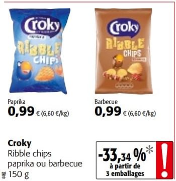 Promotions Croky ribble chips paprika ou barbecue - Croky - Valide de 14/03/2018 à 27/03/2018 chez Colruyt