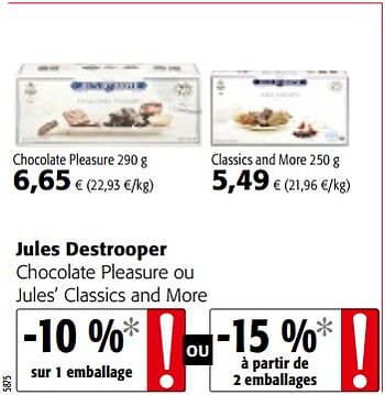 Promotions Jules destrooper chocolate pleasure ou jules` classics and more - Jules Destrooper - Valide de 14/03/2018 à 27/03/2018 chez Colruyt