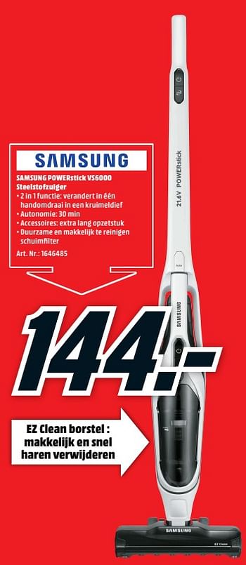 Promoties Samsung powerstick vs6000 steelstofzuiger - Samsung - Geldig van 19/03/2018 tot 25/03/2018 bij Media Markt