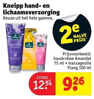 Promotions Kneipp handcrème amandel + massageolie ylang - Kneipp - Valide de 20/03/2018 à 25/03/2018 chez Kruidvat