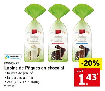 Promotions Lapins de pâques en chocolat - Favorina - Valide de 22/03/2018 à 31/03/2018 chez Lidl