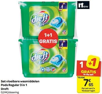 Promoties Set vloeibare wasmiddelen pods regular 3 in 1 dreft - Dreft - Geldig van 21/03/2018 tot 02/04/2018 bij Carrefour