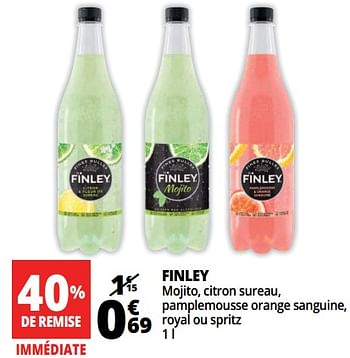 Promotions Finley mojito, citron sureau, pamplemousse orange sanguine, royal ou spritz - Finley - Valide de 21/03/2018 à 02/04/2018 chez Auchan Ronq