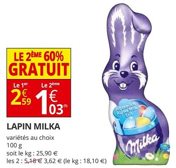 Promotions Lapin milka - Milka - Valide de 21/03/2018 à 01/04/2018 chez Auchan Ronq