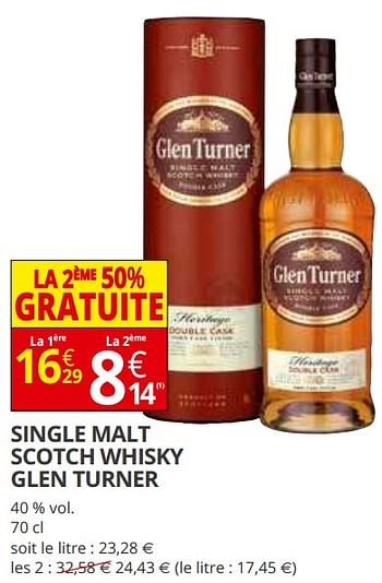 Promotions Single malt scotch whisky glen turner - Glen Turner - Valide de 21/03/2018 à 01/04/2018 chez Auchan Ronq