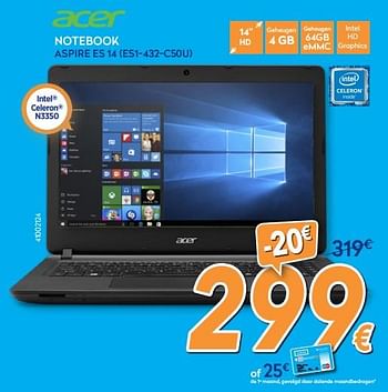 Promoties Acer notebook aspire es 14 (es1-432-c50u) - Acer - Geldig van 26/03/2018 tot 22/04/2018 bij Krefel