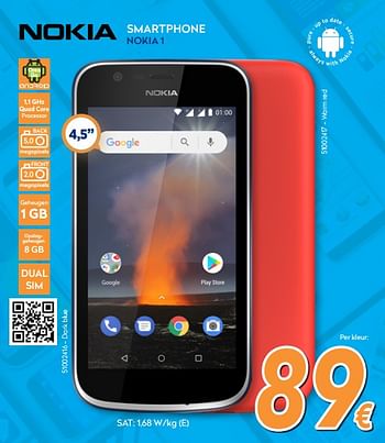 Promoties Nokia smartphone nokia 1 - Nokia - Geldig van 26/03/2018 tot 22/04/2018 bij Krefel