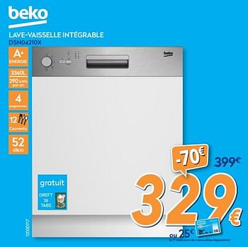 Promotions Beko lave-vaisselle intégrable dsn04210x - Beko - Valide de 26/03/2018 à 22/04/2018 chez Krefel