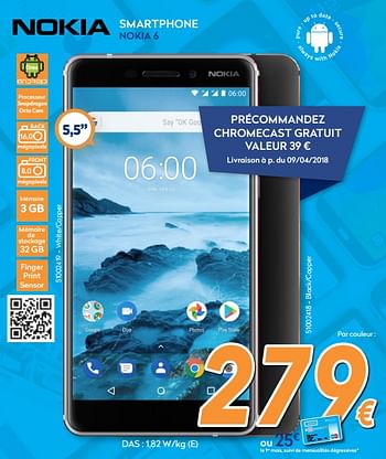 Promotions Nokia smartphone nokia 6 - Nokia - Valide de 26/03/2018 à 22/04/2018 chez Krefel
