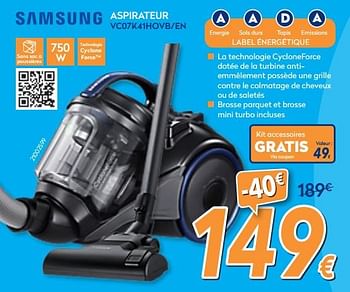 Promotions Samsung aspirateur vc07k41hovb-en - Samsung - Valide de 26/03/2018 à 22/04/2018 chez Krefel