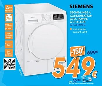 Promotions Siemens sèche-linge à condensation avec pompe à chaleur wt43h271fg - Siemens - Valide de 26/03/2018 à 22/04/2018 chez Krefel