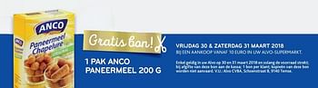 Promoties Gratis bon 1 pak anco paneermeel - Anco - Geldig van 30/03/2018 tot 31/03/2018 bij Alvo