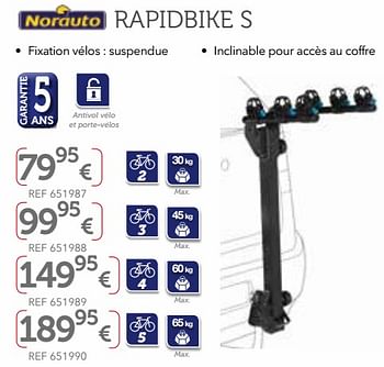 Promotions Fixation vélos : suspendue rapidbike s - Norauto - Valide de 27/03/2018 à 31/03/2019 chez Auto 5