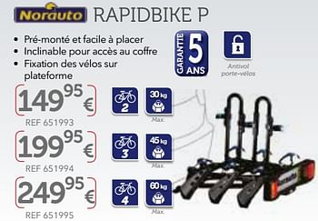 Promotions Porte-vélos d`attelage sur plateforme rapidbike p - Norauto - Valide de 27/03/2018 à 31/03/2019 chez Auto 5