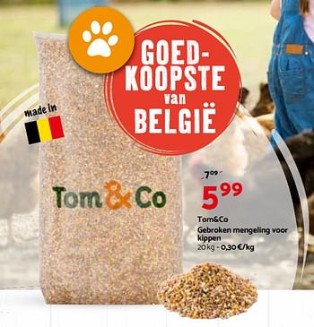 Promoties Tom+co gebroken mengeling voor kippen - Huismerk - Tom & Co - Geldig van 28/03/2018 tot 08/04/2018 bij Tom&Co