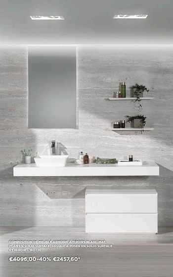Promotions Composition de meuble armoire à tiroirs blanc mat, plan en solid surface, vasque à poser en solid surface et miroir - Balmani - Valide de 01/04/2018 à 28/04/2018 chez X2O