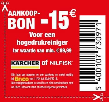 Promoties Aankoop bon -15€ voor een hogedrukreiniger - Kärcher - Geldig van 11/04/2018 tot 23/04/2018 bij Brico