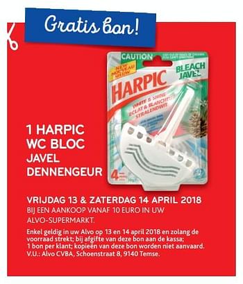 Promoties Gratis bon 1 harpic wc bloc javel dennengeur - Harpic - Geldig van 13/04/2018 tot 14/04/2018 bij Alvo