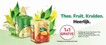 Promoties 1 + 1 gratis geldig op fuze tea green tea mango chamomile en fuze tea sparkling black tea - FuzeTea - Geldig van 11/04/2018 tot 24/04/2018 bij Alvo