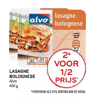 Promoties Lasagne bolognese alvo 2e voor 1-2 prijs - Huismerk - Alvo - Geldig van 11/04/2018 tot 24/04/2018 bij Alvo