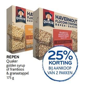 Promoties Repen quaker golden syrup of framboos + granaatappel 25% korting bij aankoop van 2 pakken - Quaker - Geldig van 11/04/2018 tot 24/04/2018 bij Alvo