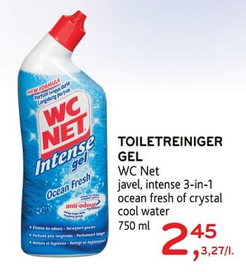 Promoties Toiletreiniger gel wc net javel, intense 3-in-1 ocean fresh of crystal cool water - WC Net - Geldig van 11/04/2018 tot 24/04/2018 bij Alvo