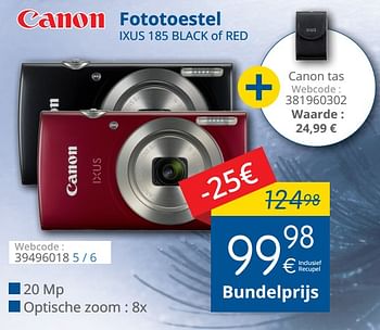Promoties Canon fototoestel ixus 185 black of red - Canon - Geldig van 29/03/2018 tot 28/04/2018 bij Eldi