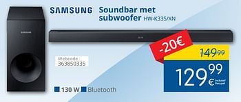 Promoties Samsung soundbar met subwoofer hw-k335-xn - Samsung - Geldig van 29/03/2018 tot 28/04/2018 bij Eldi