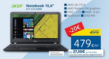 Promotions Acer notebook 15,6`` es1-523-68bb - Acer - Valide de 29/03/2018 à 28/04/2018 chez Eldi