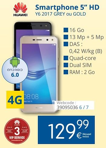 Promoties Huawei smartphone 5`` hd y6 2017 grey ou gold - Huawei - Geldig van 29/03/2018 tot 28/04/2018 bij Eldi