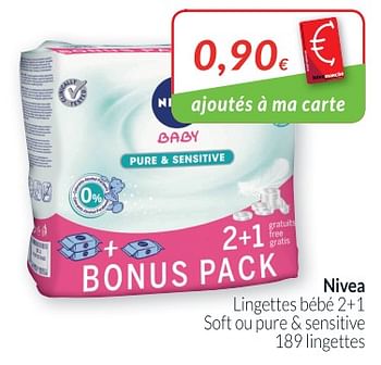Promotions Nivea lingettes bébé 2+ 1 soft ou pure + sensitive - Nivea - Valide de 02/04/2018 à 30/04/2018 chez Intermarche