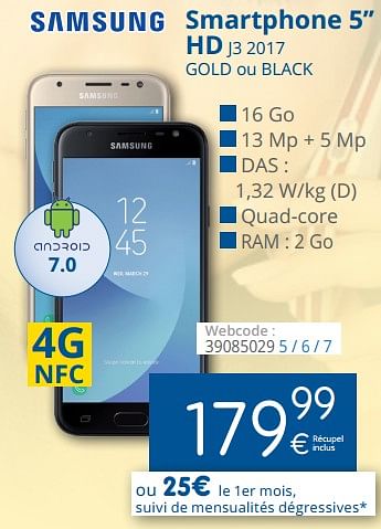 Promotions Samsung smartphone 5`` hd j3 2017 gold ou black - Samsung - Valide de 29/03/2018 à 28/04/2018 chez Eldi