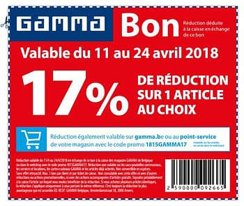 Promotions 17% de réduction sur 1 article au choix - Produit maison - Gamma - Valide de 11/04/2018 à 24/04/2018 chez Gamma