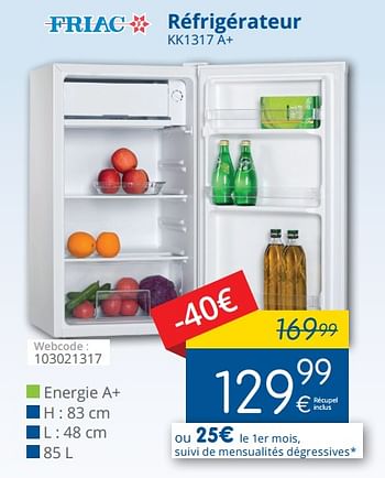Promotions Friac réfrigérateur kk1317 a+ - Friac - Valide de 29/03/2018 à 28/04/2018 chez Eldi