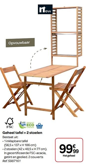 Promoties Geheel tafel + 2 stoelen - Huismerk - Carrefour  - Geldig van 30/03/2018 tot 30/06/2018 bij Carrefour