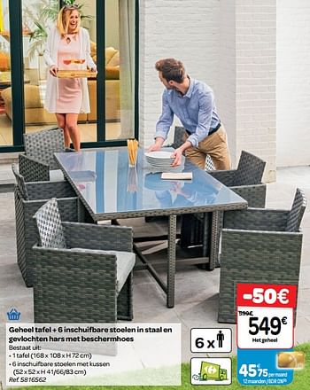 Promoties Geheel tafel + 6 inschuifbare stoelen in staal en gevlochten hars met beschermhoes - Huismerk - Carrefour  - Geldig van 30/03/2018 tot 30/06/2018 bij Carrefour