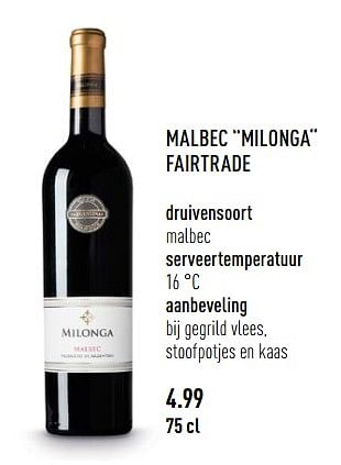 Promoties Malbec milonga fairtrade malbec - Rode wijnen - Geldig van 03/04/2018 tot 30/06/2018 bij Aldi