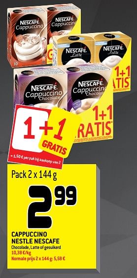 Promoties Cappuccino nestle nescafe chocolade, latte of gesuikerd - Nescafe - Geldig van 11/04/2018 tot 24/04/2018 bij Match