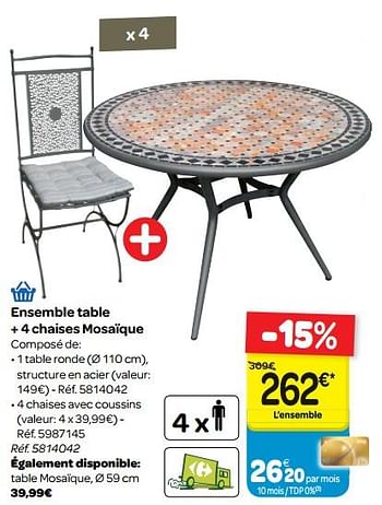 Promoties Ensemble table + 4 chaises mosaïque - Huismerk - Carrefour  - Geldig van 30/03/2018 tot 30/06/2018 bij Carrefour