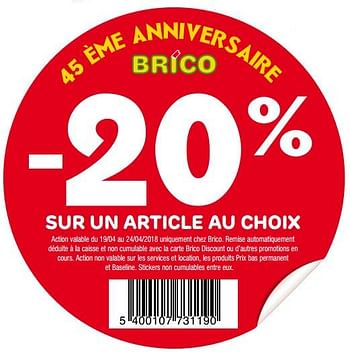 Promotions -20% sur un article au choix - Produit maison - Brico - Valide de 18/04/2018 à 23/04/2018 chez Brico