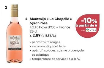Promotions Montmija « la chapelle » syrah rosé i.g.p. pays d`oc - france - Vins rosé - Valide de 04/04/2018 à 01/05/2018 chez Bioplanet