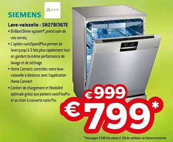 Promoties Siemens lave-vaisselle - sn278i36te - Siemens - Geldig van 03/04/2018 tot 30/04/2018 bij Exellent