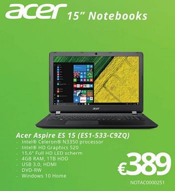Promoties Acer aspire es 15 es1-533-c9zq - Acer - Geldig van 01/04/2018 tot 15/05/2018 bij Compudeals