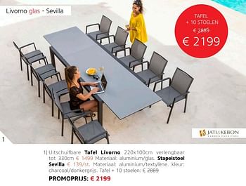 Promoties Tafel + 10 stoelen livorno glas - sevilla - Jati&Kebon Garden Furniture - Geldig van 01/04/2018 tot 30/06/2018 bij Disco G.V.