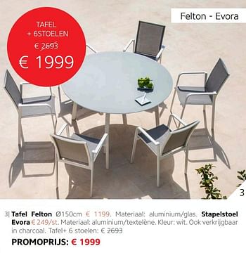 Promoties Tafel + 6 stoelen felton - evora - Huismerk - Disco G.V. - Geldig van 01/04/2018 tot 30/06/2018 bij Disco G.V.