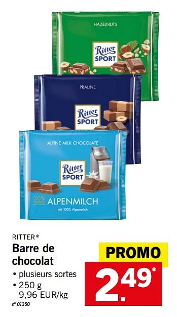 Promotions Barre de chocolat - Ritter Sport - Valide de 16/04/2018 à 21/04/2018 chez Lidl